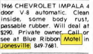 Blue Ribbon Motel - May 1975 Ad